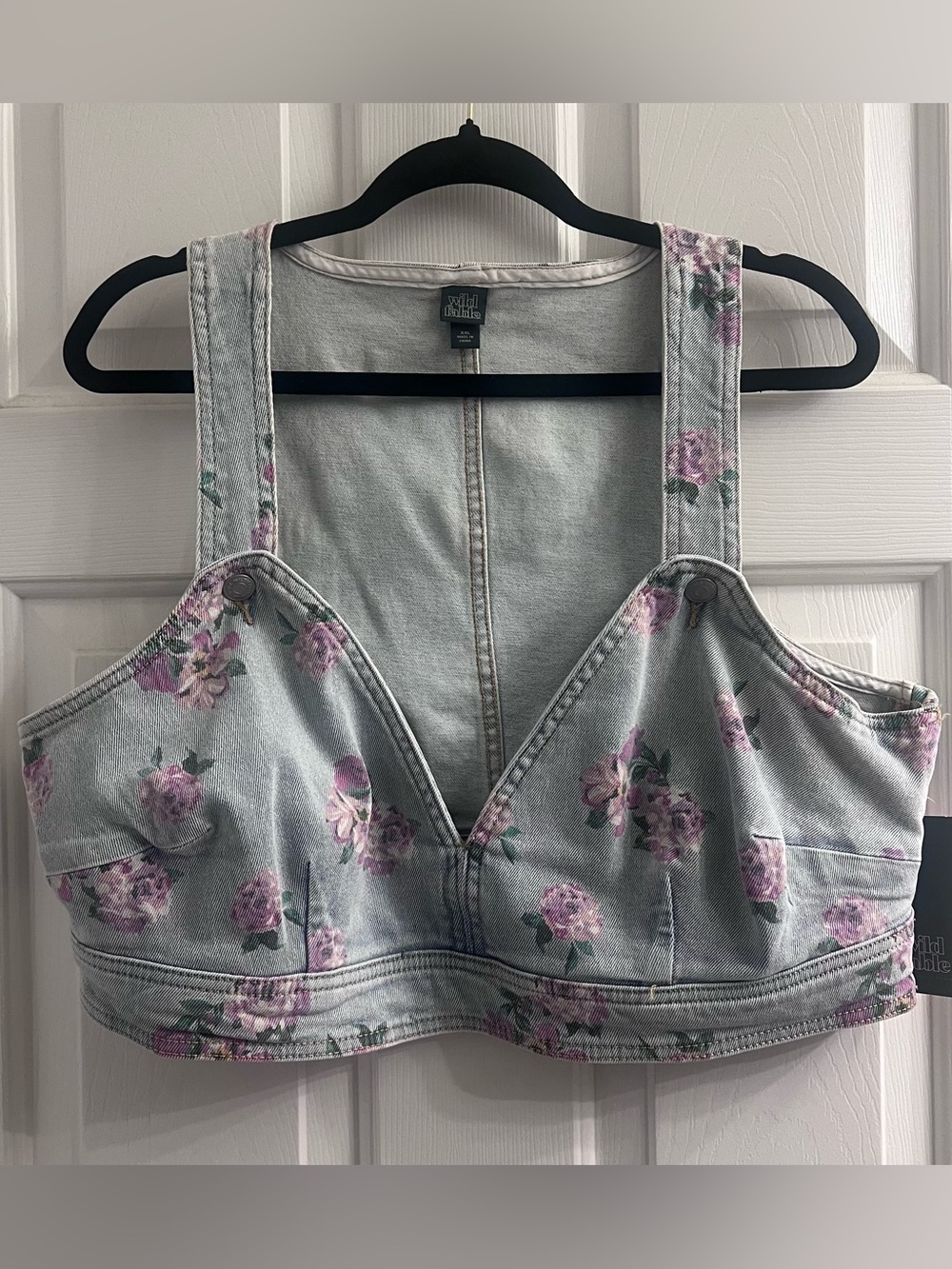 NWT -Light Blue Denim Floral Crop Tank Vest with Pink Roses Cottagecore Y2K Vibe